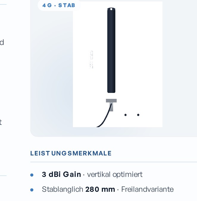 Maßzeichnung 4G-Stabantenne 280 mm — vertikale schwarze Antenne mit L-Bügel-Halterung