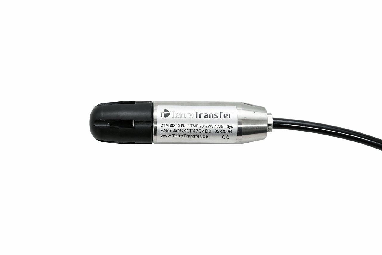 Piezo-Drucksensor Typ 0312: Edelstahl-Tauchsonde mit schwarzer Schutzkappe, SDI-12 V1.3-Plattform, 1″ Durchmesser, Anschluss­kabel mit Kapillare