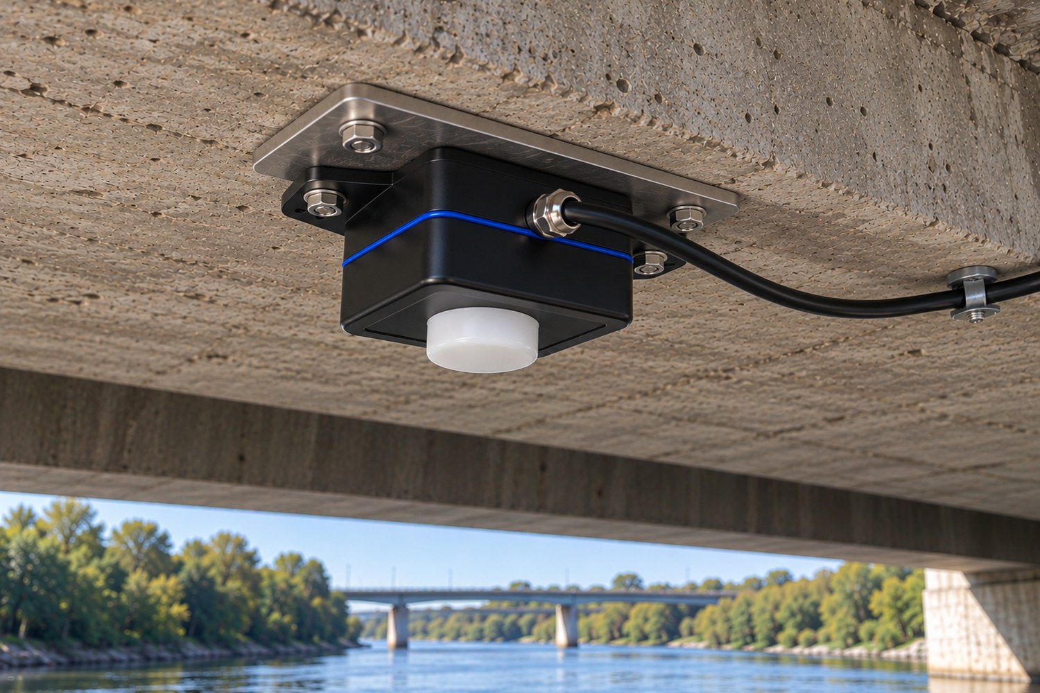 Illustratives Montagebeispiel: Aquatos Radar unter einer Brücke, zur Wasseroberfläche ausgerichtet