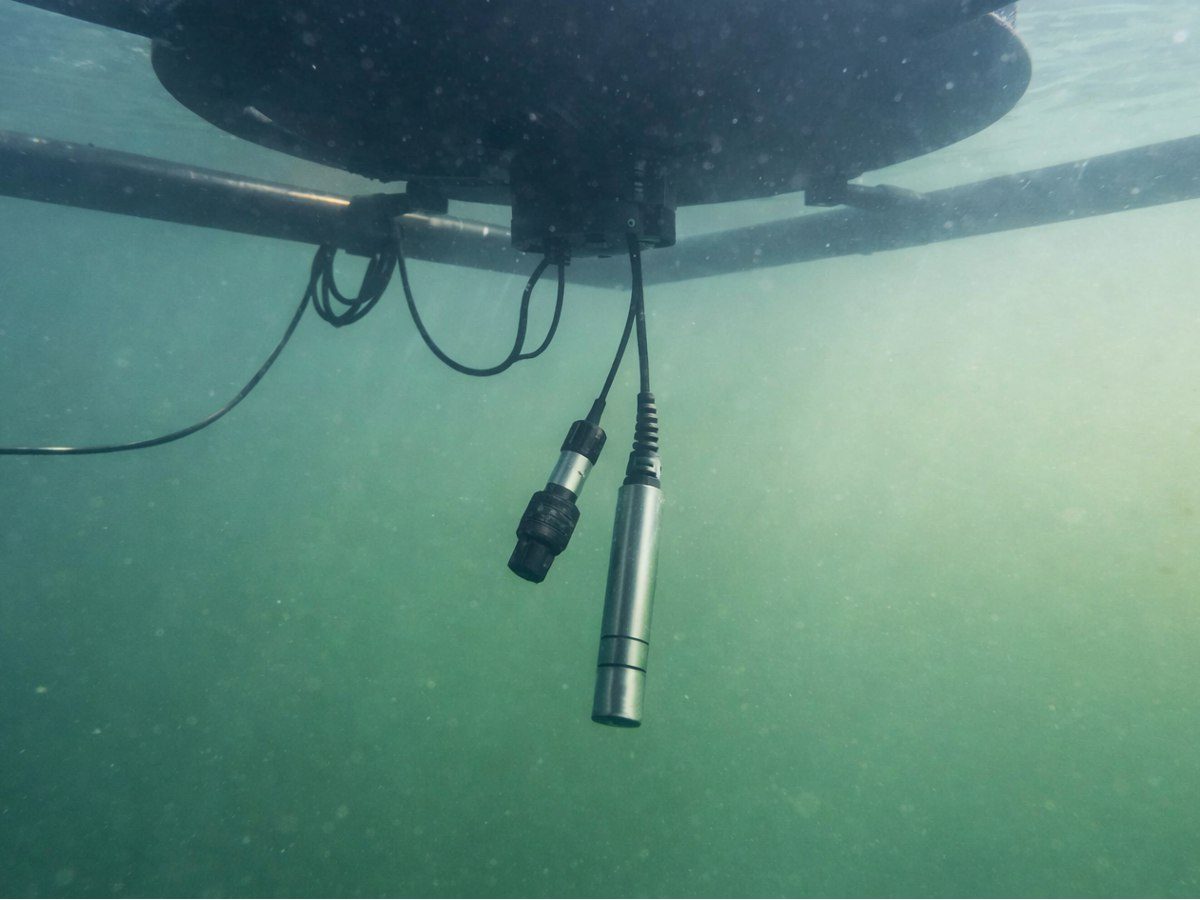 Unterwasseraufnahme: Drucksensor und Anschlusskabel an der Unterseite einer Messboje